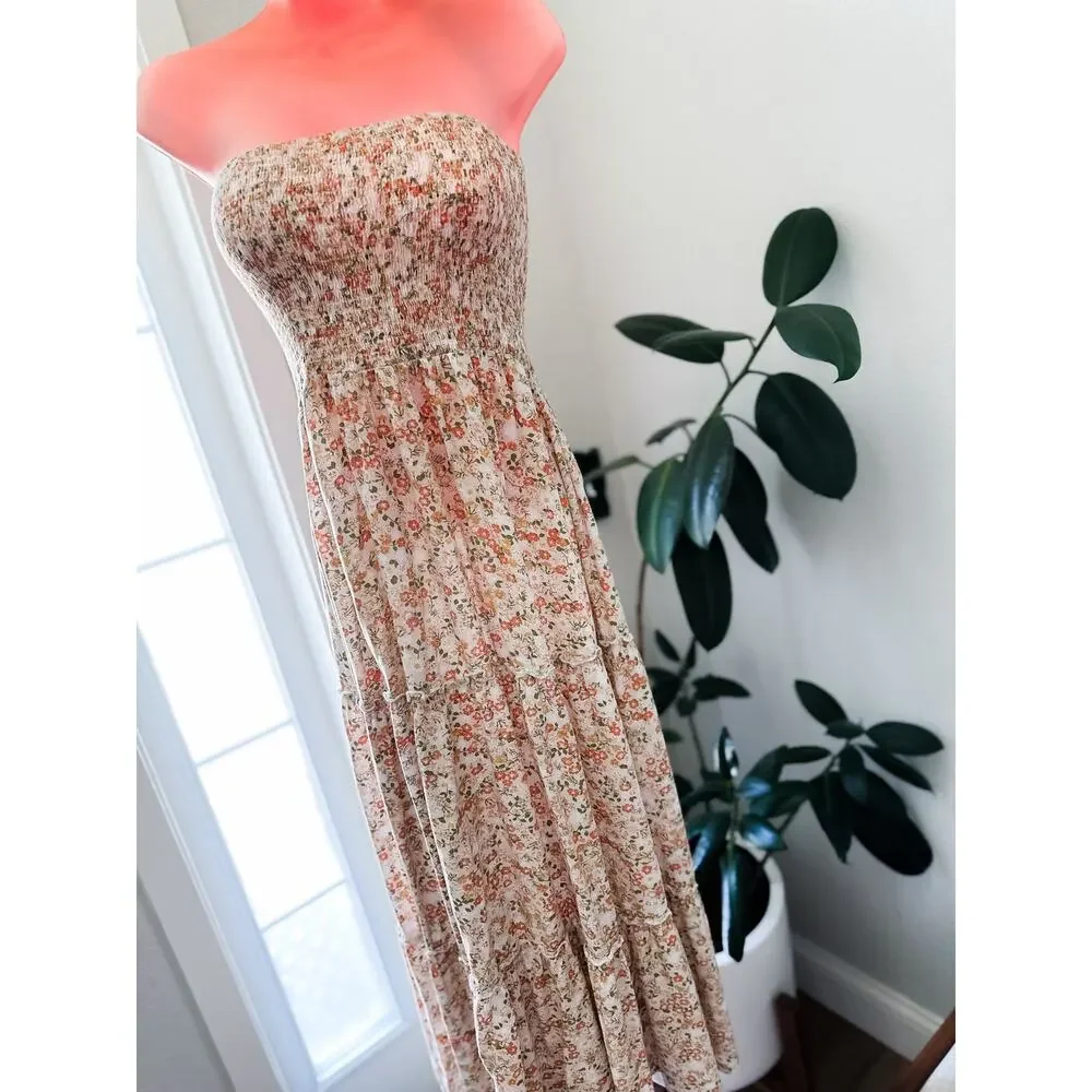 Twirl into Flowers strapless Smocked flowy blooming floral Maxi dress
